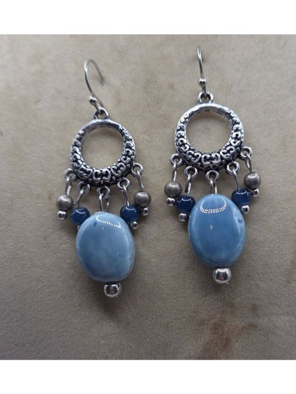 Silver & Blue Beaded Dangle Earrings With Circle Design